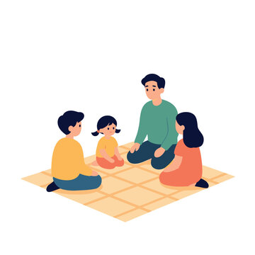 A family of four sits on a yellow and white checkered mat, facing each other and engaging in conversation.