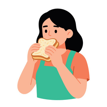 A young woman with dark hair is eating a slice of toast with butter and spices, she wears an orange shirt and a green apron
