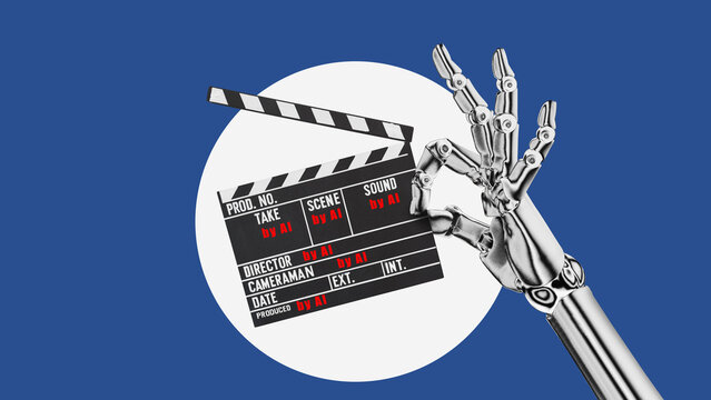 Movie clapper. Retro film clapperboard held by an AI robot. Concept: AI creating creative content.