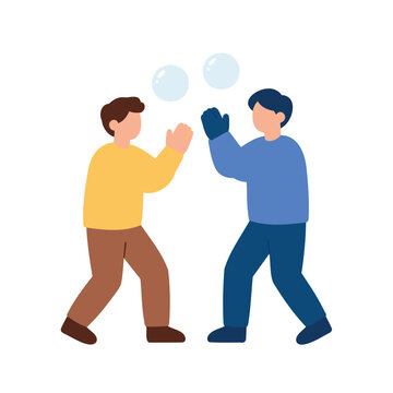 Two friends engaging in a playful snowball fight in a bright, minimalist setting.