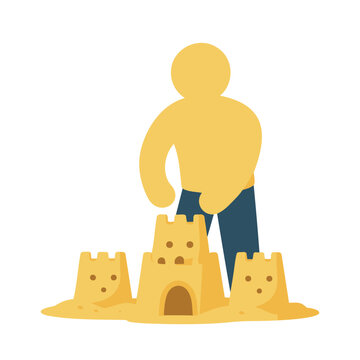 A stylized yellow figure builds sandcastles on a beach, featuring a central castle with an arched doorway.