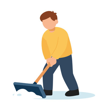 A person wearing a yellow sweater and blue pants uses a blue snow shovel to clear white snow.