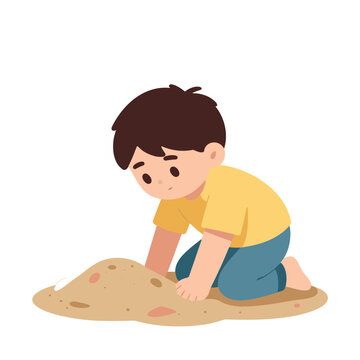 A little boy in a yellow shirt and blue pants plays with a pile of sand on the ground