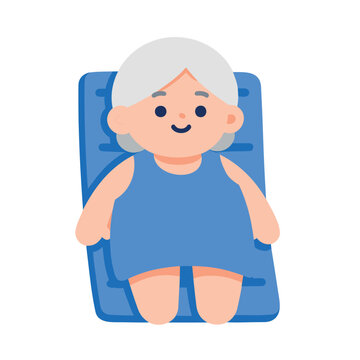 A simplified cartoon illustration of an elderly woman with gray hair sitting on a blue beach chair.