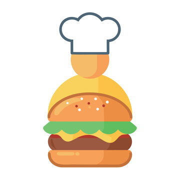 A cartoon hamburger with a chef hat sits isolated on a white background in a flat design.