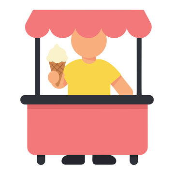A vendor stands behind a pink ice cream cart, holding a vanilla ice cream cone in their hand