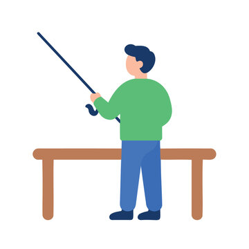 A person with dark hair wears a green shirt and blue pants while holding a fishing rod
