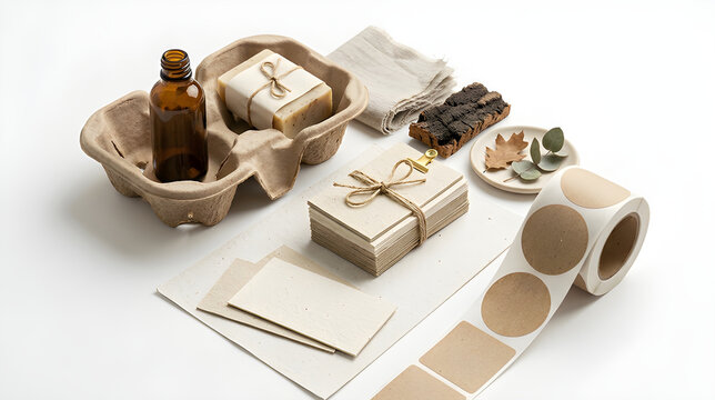 Eco friendly packaging set with natural soap and brown paper labels on white background