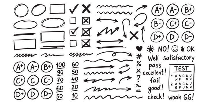 Hand drawn doodle set with school grading marks arrows circles and check boxes for education design