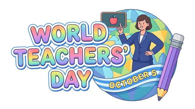 World Teachers&rsquo; Day Cartoon Banner with Teacher, Globe, Apple, Pencil, Books, and School Icons