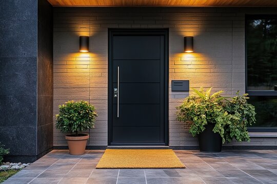 Modern horizontal paneled black front door with long pull bar, slate tiles and lush planters. Ideal for contemporary home building service website banner, siding material brand or estate web page
