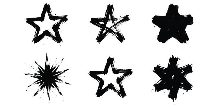Set of six hand drawn black ink star shapes with rough brush stroke texture