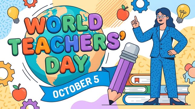 World Teachers&rsquo; Day Cartoon Banner with Teacher, Globe, Apple, Pencil, Books, and School Icons