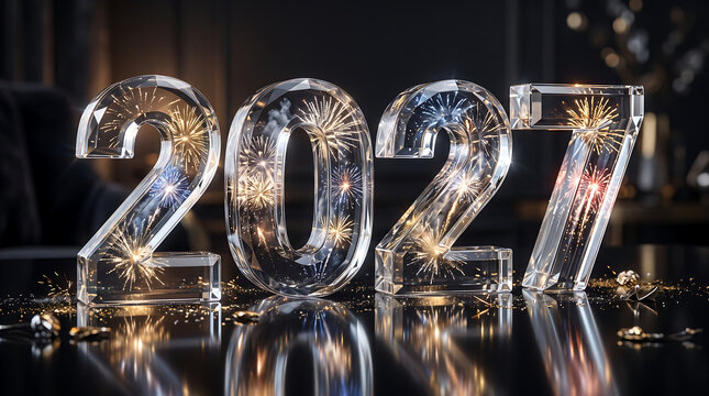 Sparkling clear glass numbers showing year two thousand twenty seven celebration transparent background