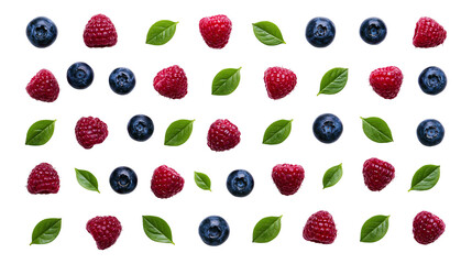Isolated fresh blueberries, raspberries, and green leaves arranged in a vibrant seamless pattern © Ioana