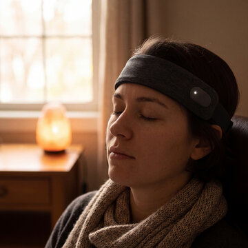 Woman meditating while wearing an EEG headset to monitor brainwaves