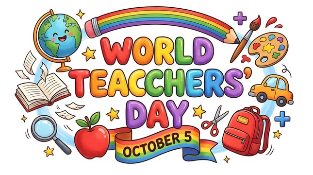 Colorful World Teachers&rsquo; Day Celebration Banner with Globe, Rainbow, Apple, Books, and School Supplies