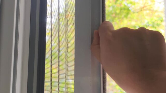 Human hand slides pleated mosquito screen to close balcony window frame. Protective mosquito screen mesh glides smoothly to prevent insects, flies, and bugs from entering modern home apartment.