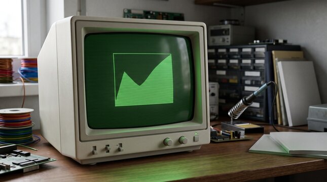 Retro computer screen showing graph on a rustic wooden desk