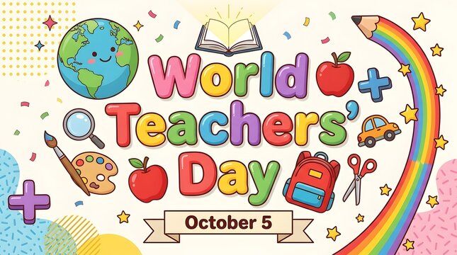 Colorful World Teachers&rsquo; Day Celebration Banner with Globe, Rainbow, Apple, Books, and School Supplies