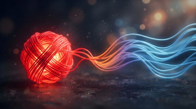 Glowing Red Thread Unraveling into Calm Blue Strands Symbolizing Transition from Tension to Calm