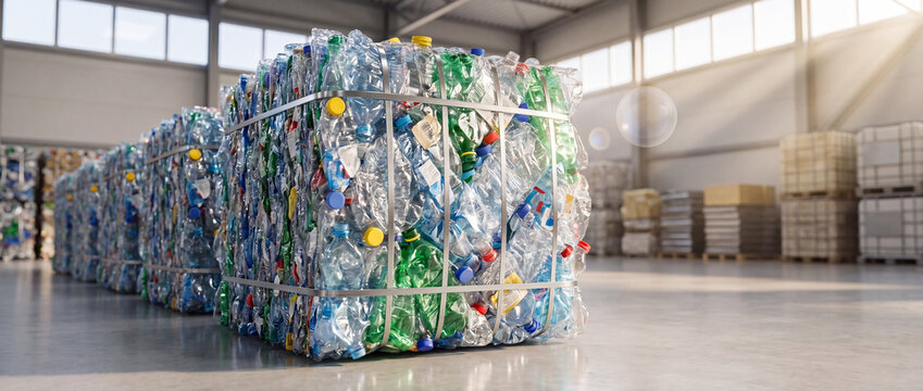 Recycled plastic bales in industrial warehouse stacked neatly, showing crushed clear, green, and blue PET bottles bound with metal wire for waste management and ecological manufacturing