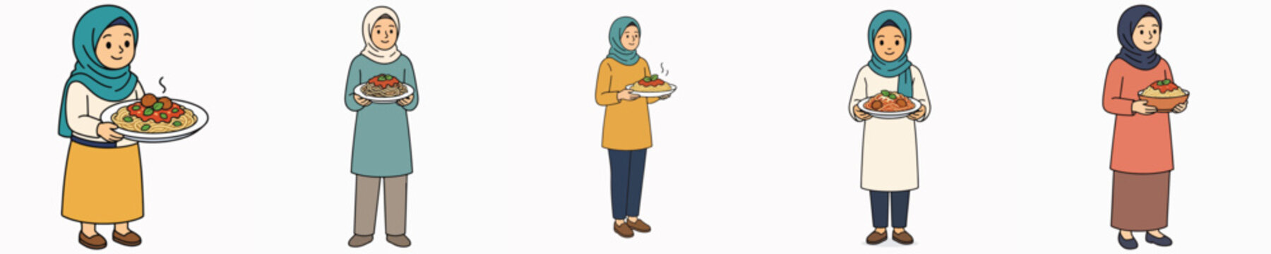 set of vector hijab women standing and carrying freshly cooked pasta dishes