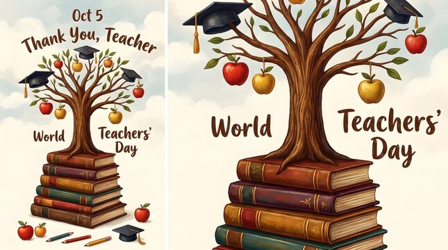 World Teachers Day October 5 Illustration with Autumn Tree Growing from Stack of Books