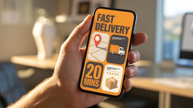 Person holding a smartphone displaying a fast delivery mobile application interface for ordering food and goods