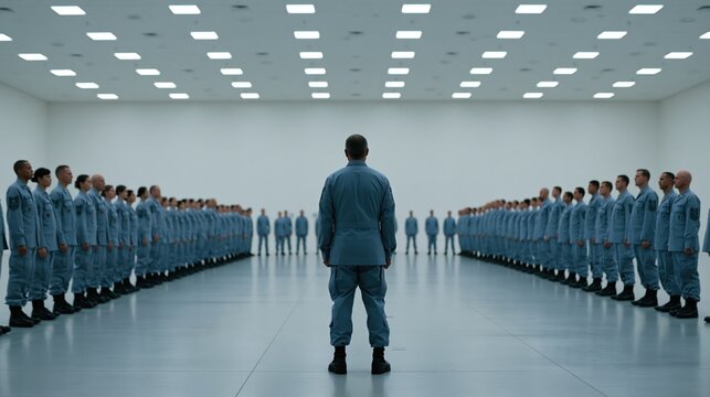 Service personnel forming organized subgroups under coordinator in featureless training hall