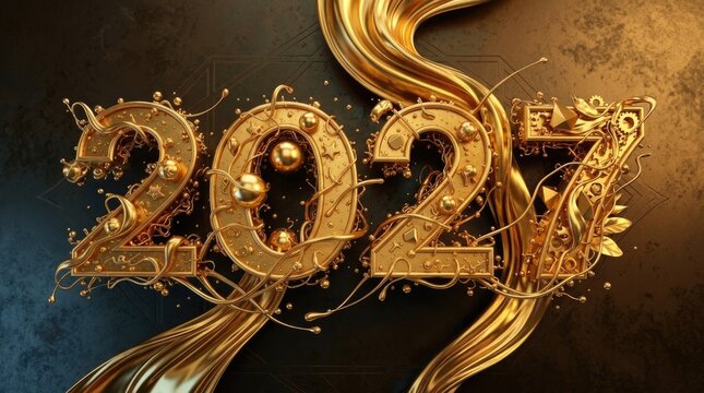 Happy New Year: numeral 2027, golden ribbon, metallic ornament, dark background, fluid wave, luxury design, festive symbol, gilded swirl, elegant decoration, creative typography.