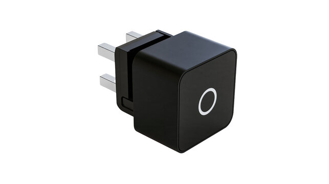 Isolated modern black square electrical power adapter with UK style three-pin plug design.