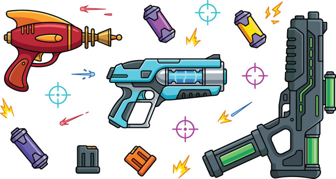 Sci Fi Blaster Gun Vector Set with Futuristic Laser Pistols, Space Rifle, Plasma Ammo Cartridges, Magazines, Crosshair Targets, and Sparks