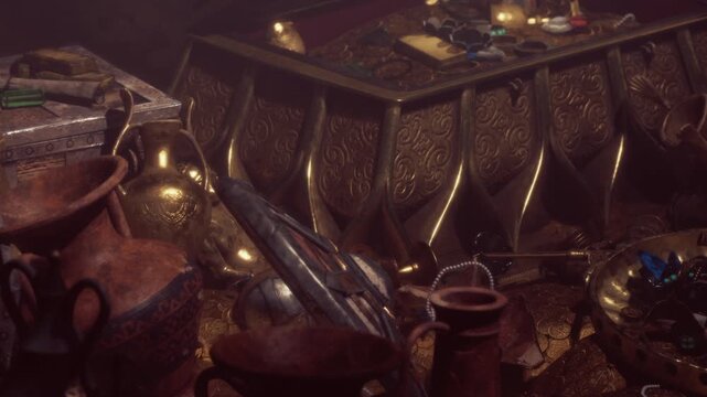 A pile of ancient artifacts and coins fills a shadowy space, with intricate pottery and gleaming metals scattered throughout, evoking mystery and a sense of forgotten history.