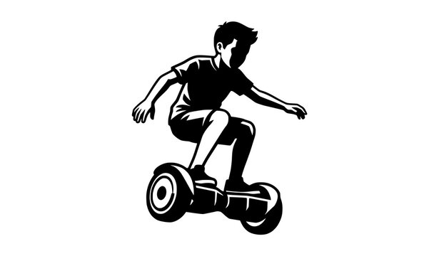 Dynamic black and white boy doing hoverboard trick vector illustration bold silhouette style teen rider isolated on white background