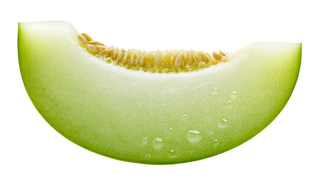 Isolated fresh juicy honeydew melon slice with vibrant green flesh, seeds, and refreshing water droplets