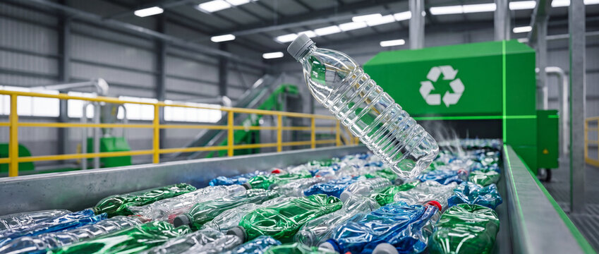 Plastic bottle over automated recycling conveyor with crushed PET containers entering a green sorting machine for waste management, ecology, and circular economy concepts