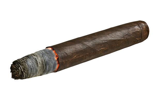 Isolated lit cigar with dark wrapper and long ash, emitting smoke and glowing embers