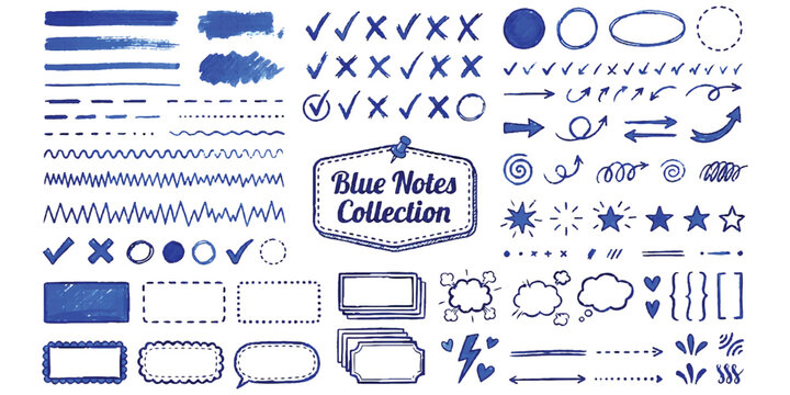 Set of blue hand drawn doodle elements including arrows check marks frames and speech bubbles