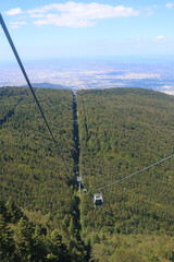 High aerial perspective of a cable car gondola traveling over a green forest, with a city visible in the distant background © Альфира Зиганшина