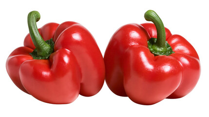 Isolated pair of shiny red bell peppers showcasing freshness and vibrant color. © Gabriel