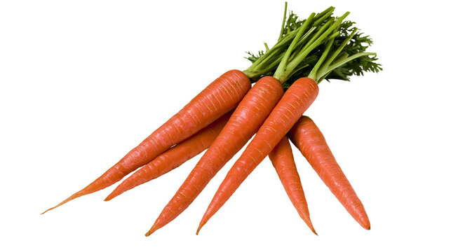 Isolated fresh raw carrots with green leafy tops bunched together for healthy eating