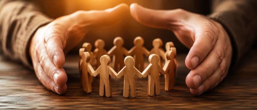 hands protect a circle of linked wooden people figures standing on a table in warm light, showing teamwork, community, support, unity, care, safety and organizational protection at work