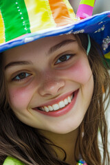 Fototapeta premium A young girl smiling while wearing a bright and colorful hat, suitable for use in illustrations or decorative designs. vertical frame