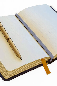 A notebook with a pen lying on top, ready for writing or note-taking. vertical frame