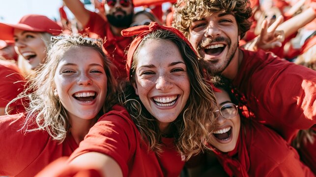 Group of enthusiastic sports fans wearing red clothing smiling and taking a selfie at a stadium