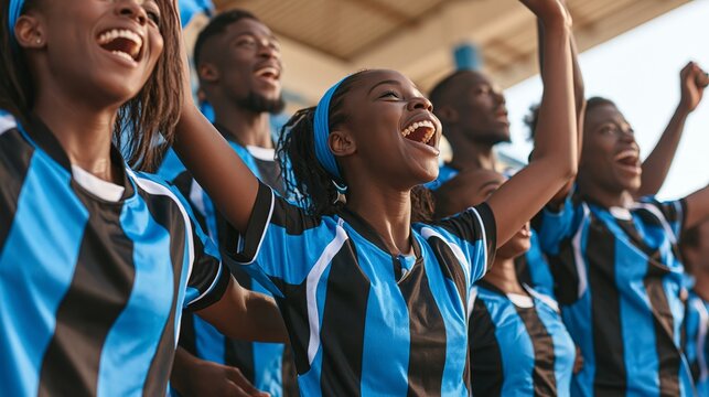 Group of passionate sports fans cheering happily wearing matching blue and black striped jerseys