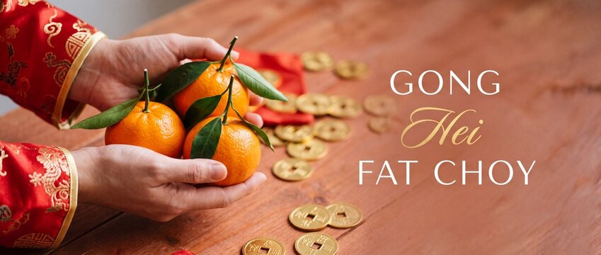Chinese New Year Mandarin Oranges held in hands with traditional red clothing and gold feng shui coins on wood table background, Gong Hei Fat Choy text wishing prosperity and fortune.