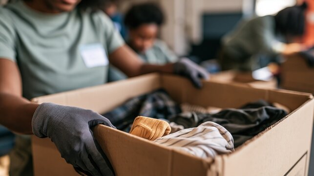 Volunteer packing donated clothes into cardboard box for charity drive and community support