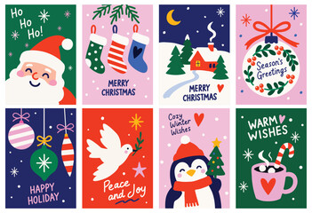 Fototapeta premium Colorful collection of modern Christmas and winter holiday greeting cards featuring Santa Claus, festive stockings, snowy house, Christmas ornament, dove, penguin, hot cocoa and seasonal decorations.